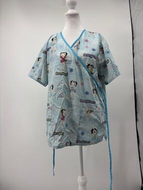 Betty Boop Light Blue Medical Scrub Top with Multi-Color Betty Boop Prints